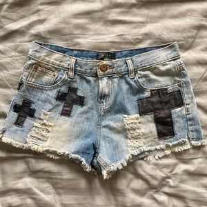 mine Distressed Cross Denim Shorts